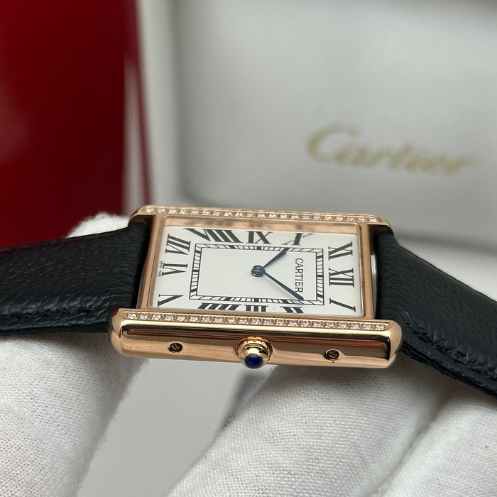 Cartier Tank Style Gold Diamond Bezel 34MM – Luxury Leather Watch