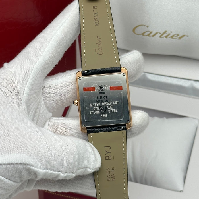 Cartier Tank Style Gold Diamond Bezel 34MM – Luxury Leather Watch