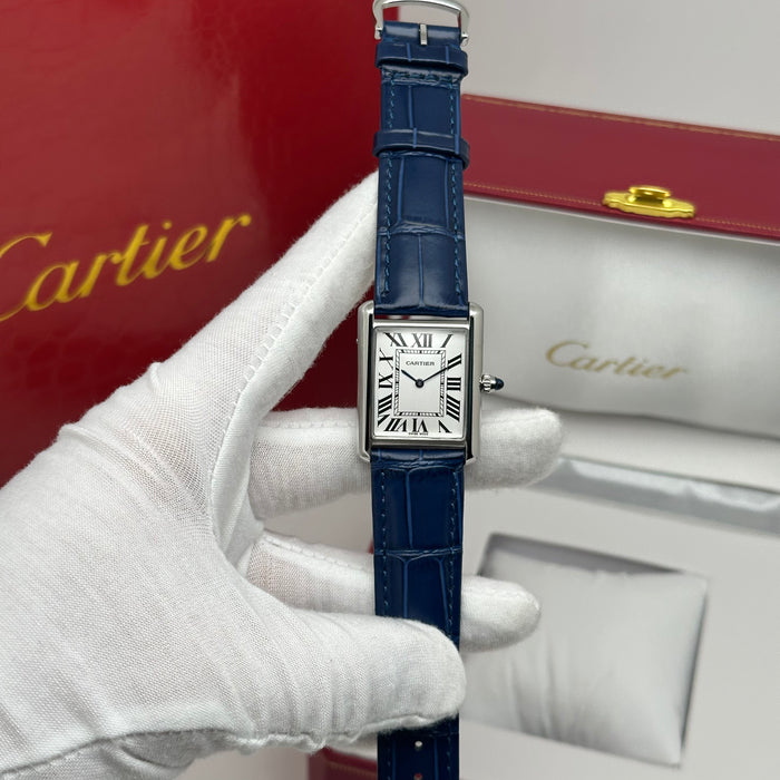 Cartier Tank Style Stainless Steel 22MM – Blue Leather Strap Luxury Watch