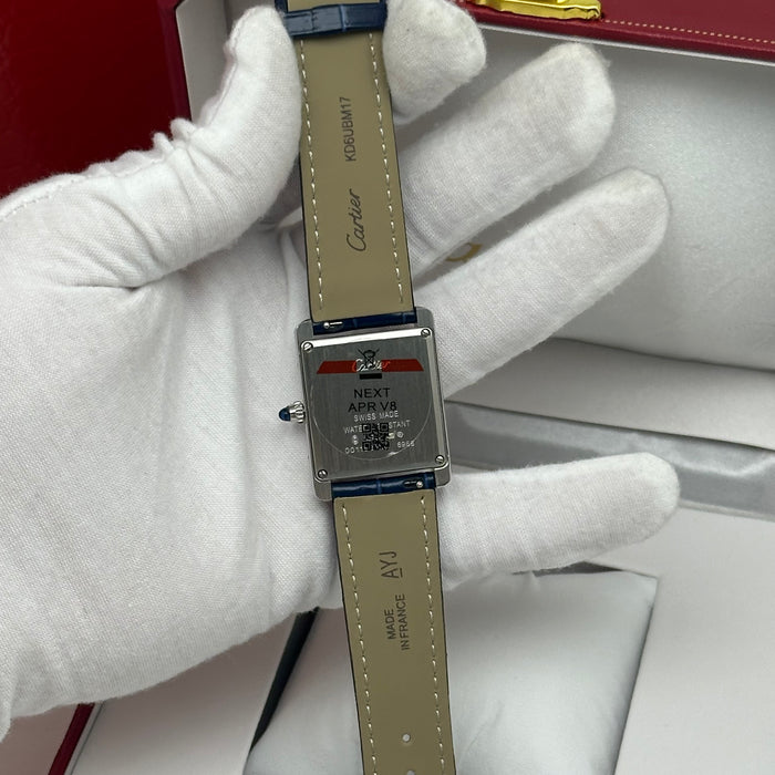 Cartier Tank Style Stainless Steel 22MM – Blue Leather Strap Luxury Watch