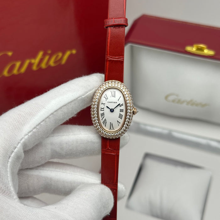 Cartier Baignoire Diamond Gold 24MM – Red Strap Edition