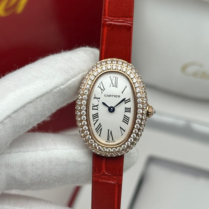 Cartier Baignoire Diamond Gold 24MM – Red Strap Edition
