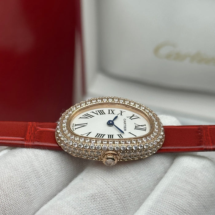Cartier Baignoire Diamond Gold 24MM – Red Strap Edition