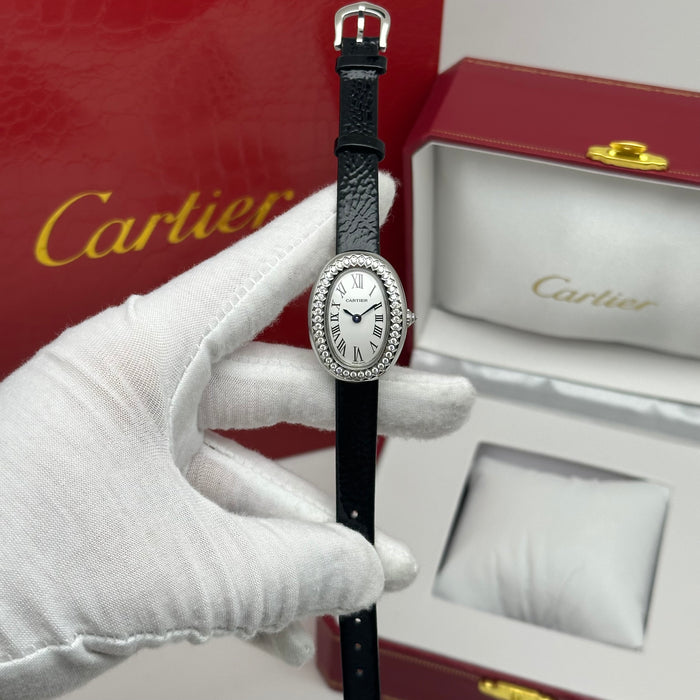 Cartier Baignoire Diamond Oval Watch 24MM – Black Leather Strap