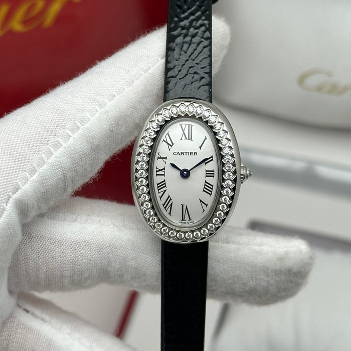Cartier Baignoire Diamond Oval Watch 24MM – Black Leather Strap