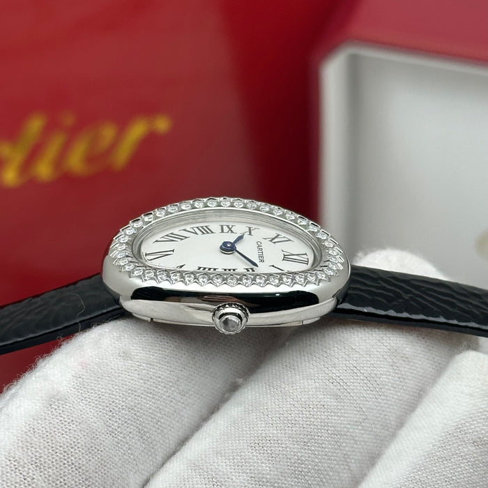 Cartier Baignoire Diamond Oval Watch 24MM – Black Leather Strap