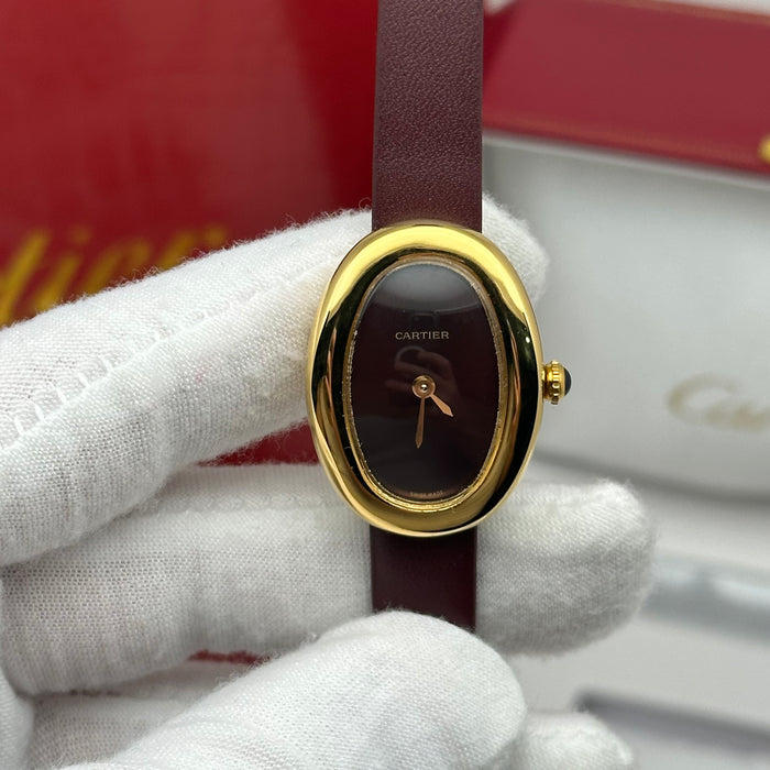 Cartier Baignoire Vintage Gold Tone Watch 24MM – Brown Dial & Leather Strap