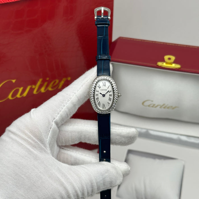 Cartier Baignoire Diamond Oval Watch 24MM – Blue Leather Strap