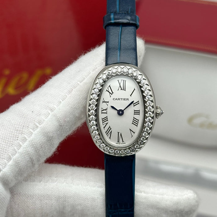 Cartier Baignoire Diamond Oval Watch 24MM – Blue Leather Strap