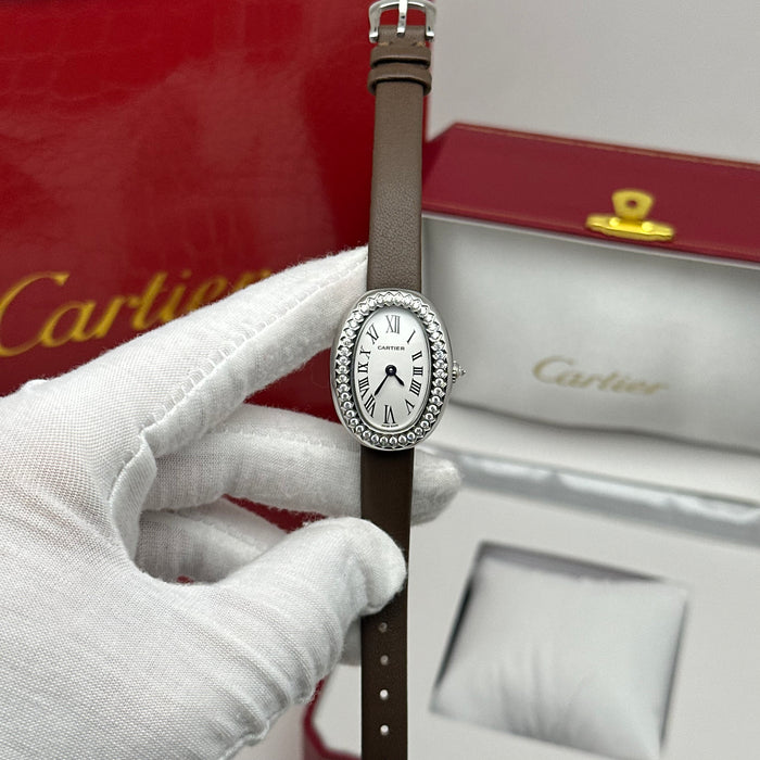Cartier Baignoire Diamond Oval Watch 24MM – Brown Leather Strap