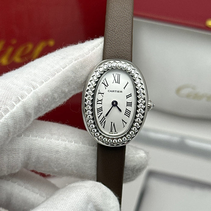 Cartier Baignoire Diamond Oval Watch 24MM – Brown Leather Strap