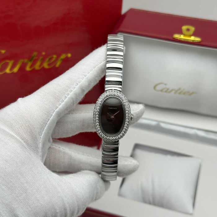 Cartier Baignoire Style Diamond Oval Watch 22MM – Brown Dial Silver Bracelet