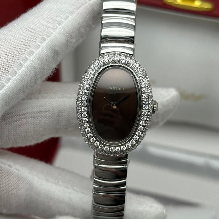 Cartier Baignoire Style Diamond Oval Watch 22MM – Brown Dial Silver Bracelet