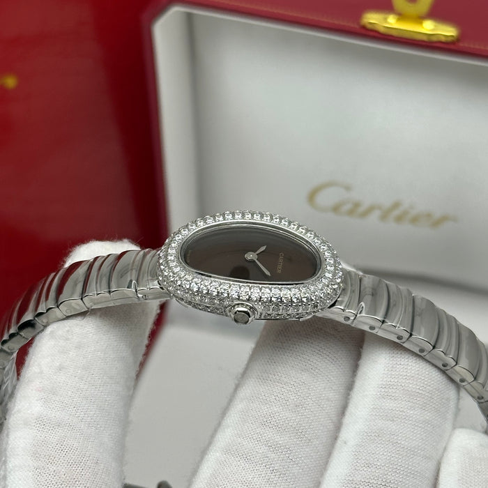 Cartier Baignoire Style Diamond Oval Watch 22MM – Brown Dial Silver Bracelet