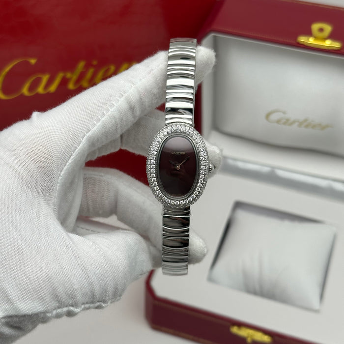 Cartier Baignoire Style Diamond Oval Watch 22MM – Brown Dial Silver Bracelet