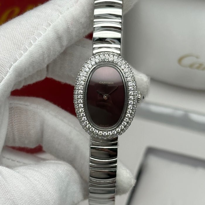 Cartier Baignoire Style Diamond Oval Watch 22MM – Brown Dial Silver Bracelet