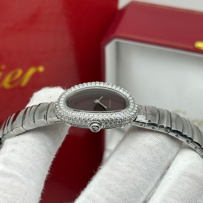 Cartier Baignoire Style Diamond Oval Watch 22MM – Brown Dial Silver Bracelet