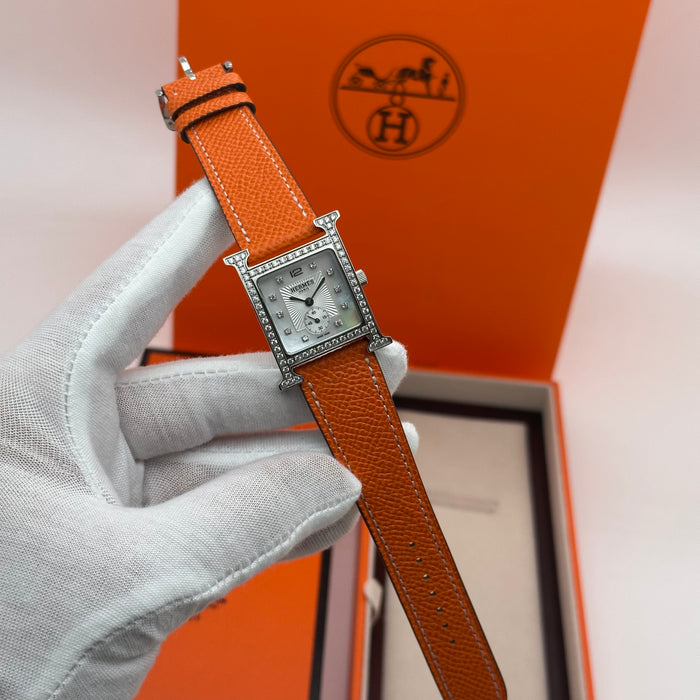 Hermes Heure Chrono H Gold Diamond Dial With Orange Leather Strap Watch