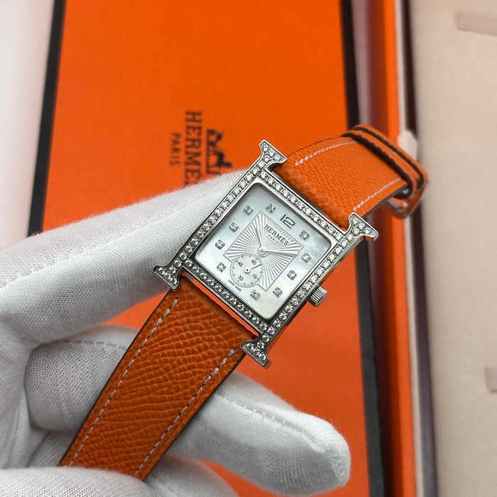 Hermes Heure Chrono H Gold Diamond Dial With Orange Leather Strap Watch