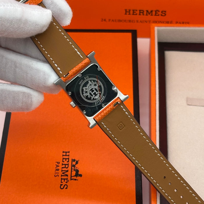 Hermes Heure Chrono H Gold Diamond Dial With Orange Leather Strap Watch
