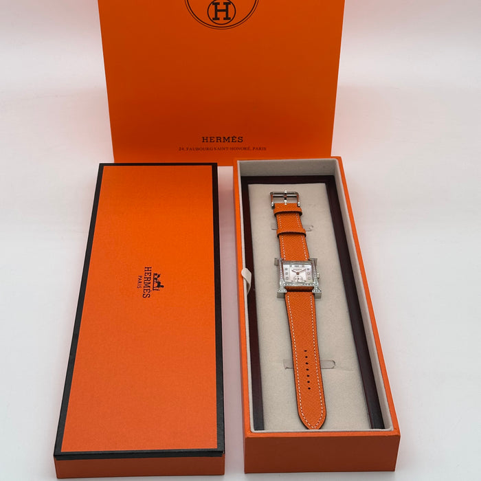 Hermes Heure Chrono H Gold Diamond Dial With Orange Leather Strap Watch