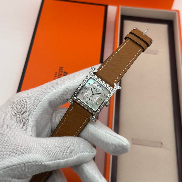 Hermes Heure Chrono H Stress With Leather Tan Strap Watch