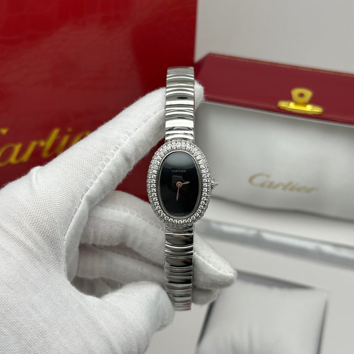 Cartier Baignoire Style Diamond Oval Watch 22MM – Black Dial Silver Bracelet