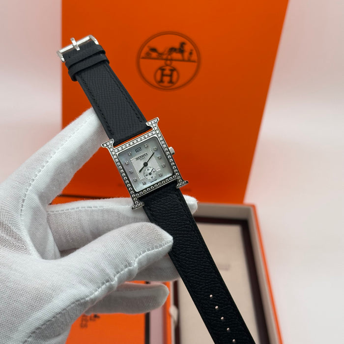 Hermes Heure Chrono H Stress With Black Leather Strap Watch
