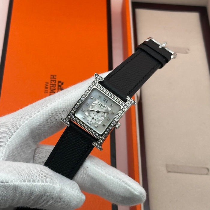 Hermes Heure Chrono H Stress With Black Leather Strap Watch