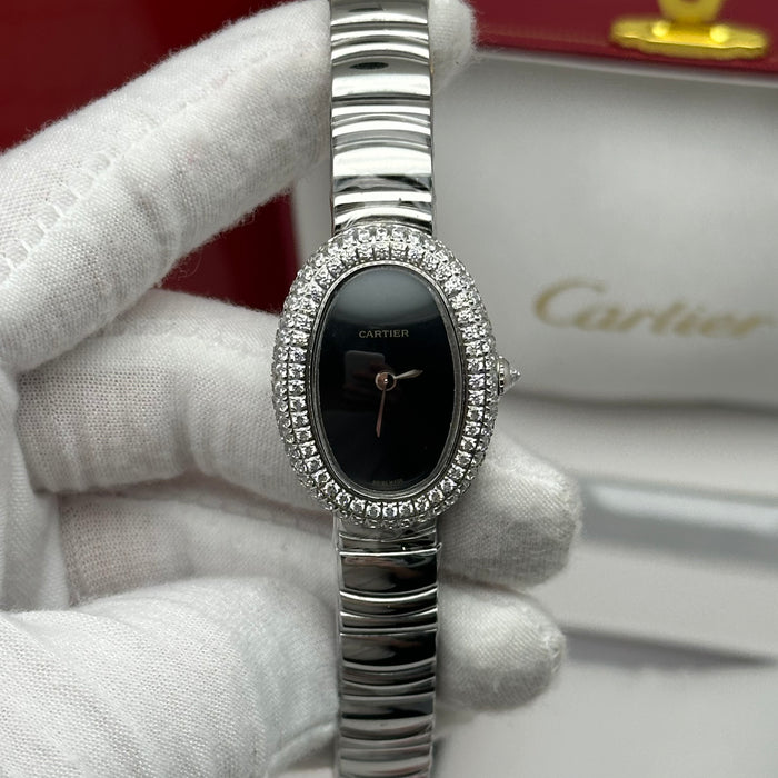 Cartier Baignoire Style Diamond Oval Watch 22MM – Black Dial Silver Bracelet