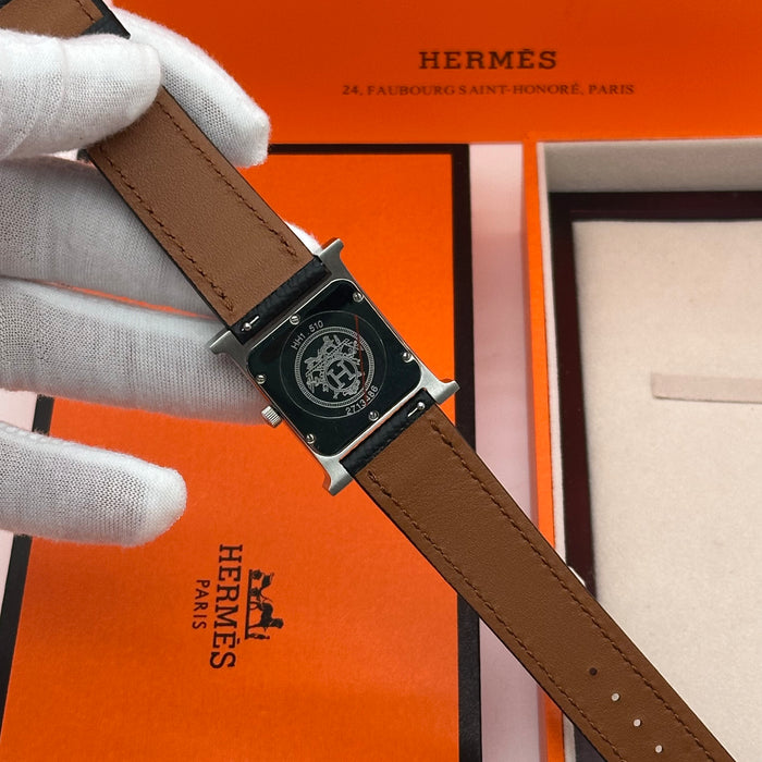Hermes Heure Chrono H Stress With Black Leather Strap Watch