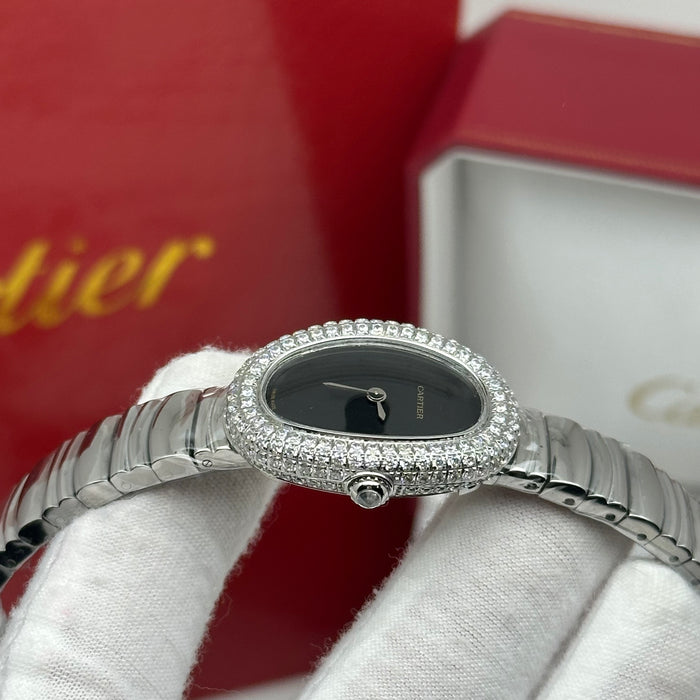 Cartier Baignoire Style Diamond Oval Watch 22MM – Black Dial Silver Bracelet