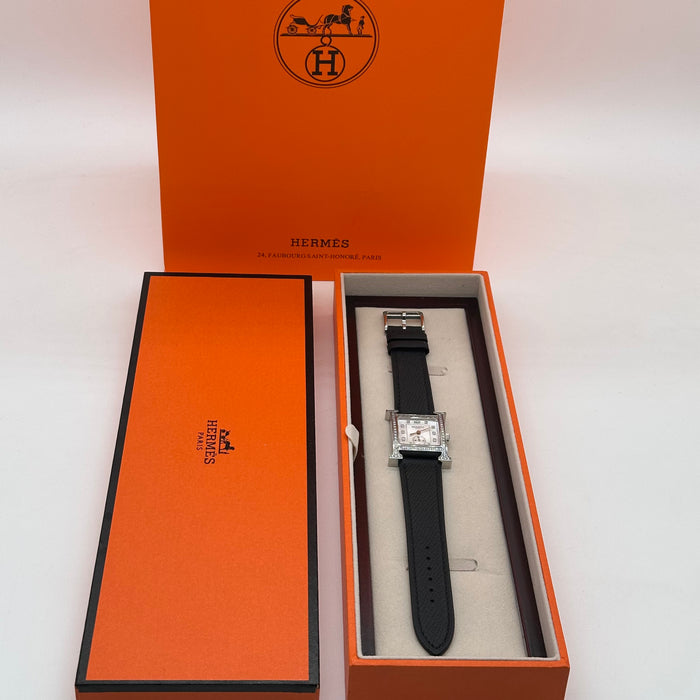 Hermes Heure Chrono H Stress With Black Leather Strap Watch