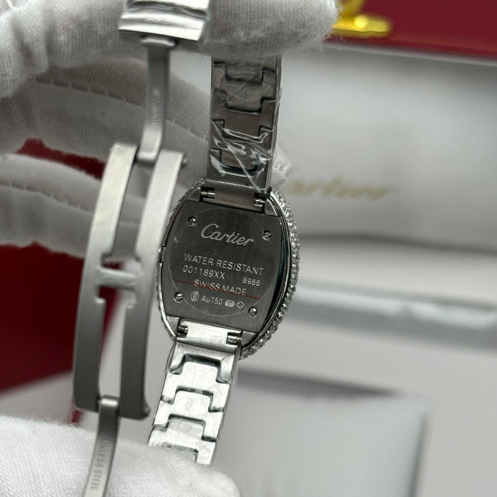 Cartier Baignoire Style Diamond Oval Watch 22MM – Black Dial Silver Bracelet