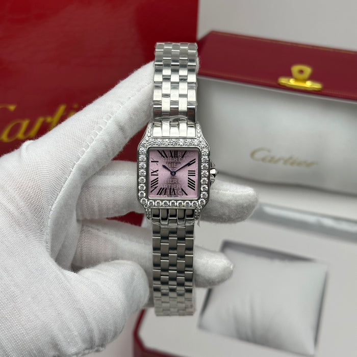 Cartier Santos Style Diamond Watch 27MM – Pink Dial Stainless Steel Bracelet