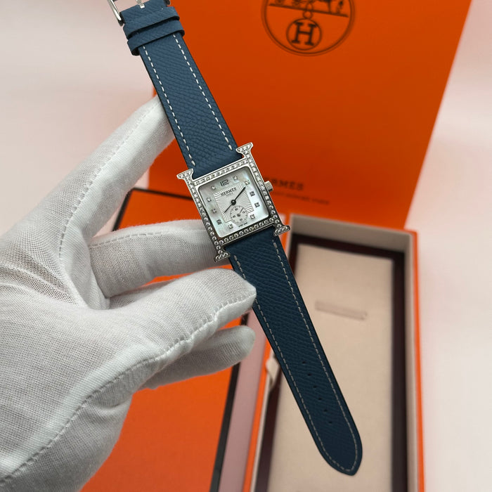 Hermes Heure Chrono H Stress With Navy Blue Leather Strap Watch