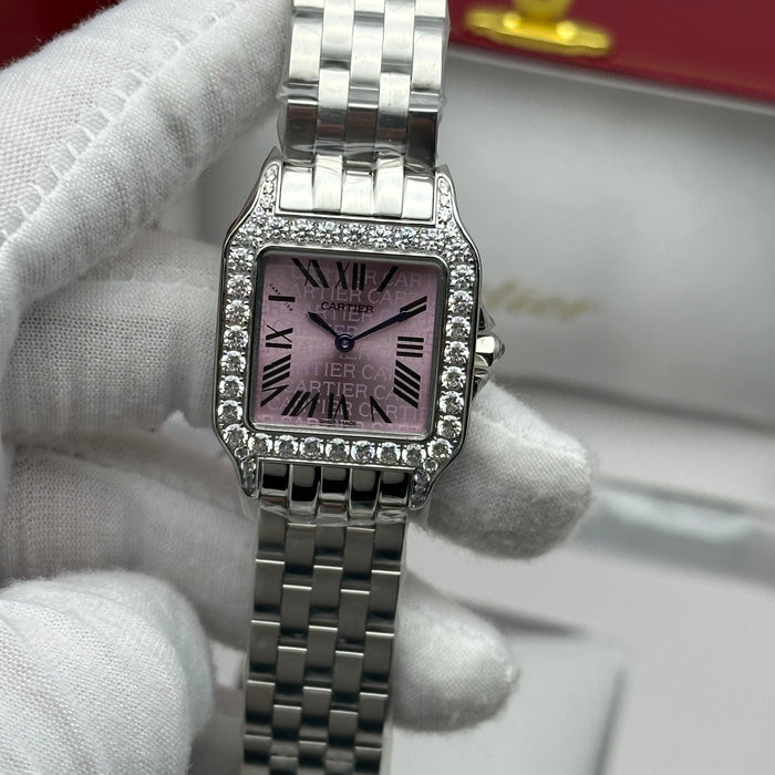 Cartier Santos Style Diamond Watch 27MM – Pink Dial Stainless Steel Bracelet