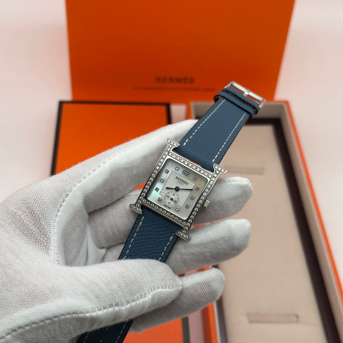 Hermes Heure Chrono H Stress With Navy Blue Leather Strap Watch