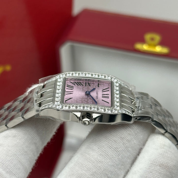 Cartier Santos Style Diamond Watch 27MM – Pink Dial Stainless Steel Bracelet
