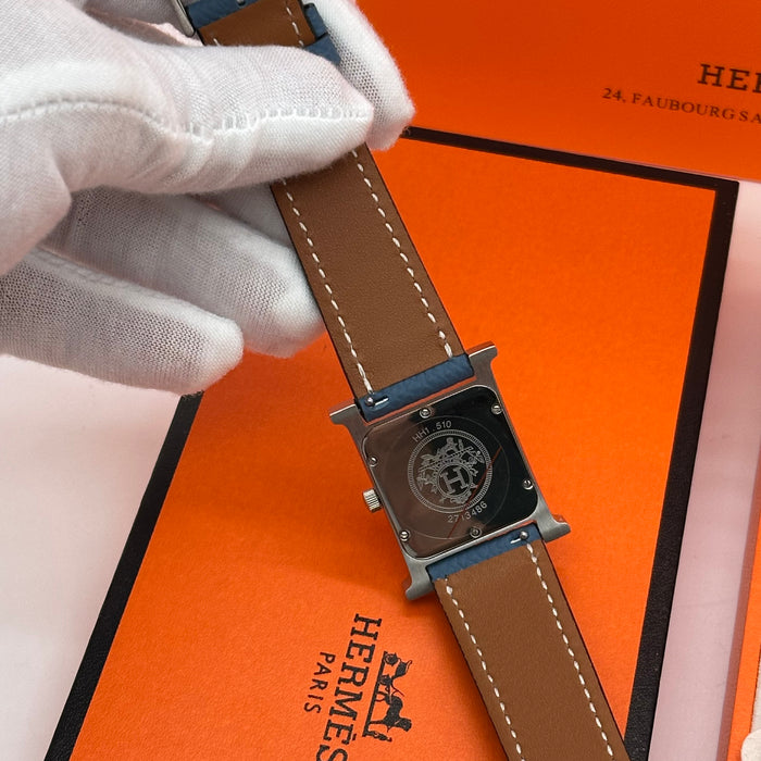 Hermes Heure Chrono H Stress With Navy Blue Leather Strap Watch