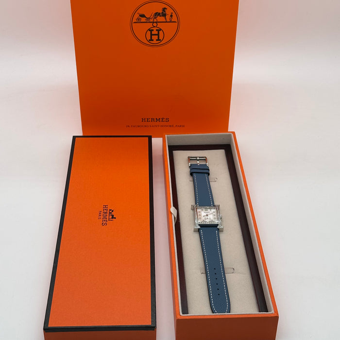 Hermes Heure Chrono H Stress With Navy Blue Leather Strap Watch