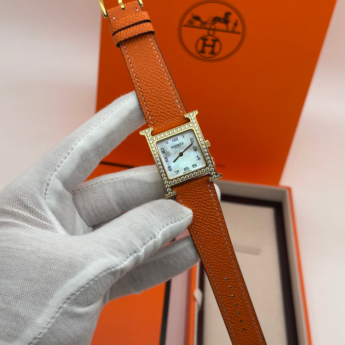 Hermes Heure Chrono H Stress Gold With Orange Leather Strap Watch