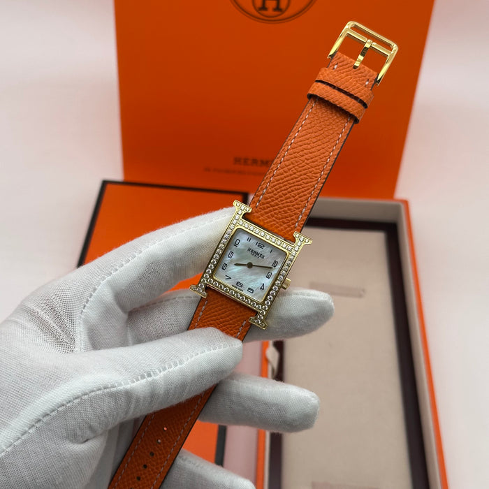 Hermes Heure Chrono H Stress Gold With Orange Leather Strap Watch