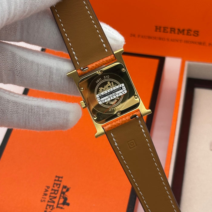 Hermes Heure Chrono H Stress Gold With Orange Leather Strap Watch