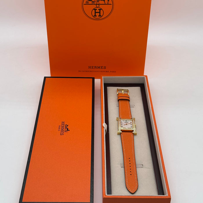Hermes Heure Chrono H Stress Gold With Orange Leather Strap Watch