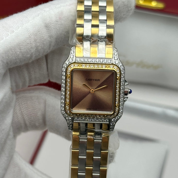 Cartier Santos Style Diamond Watch 27MM – Champagne Dial Two-Tone Bracelet