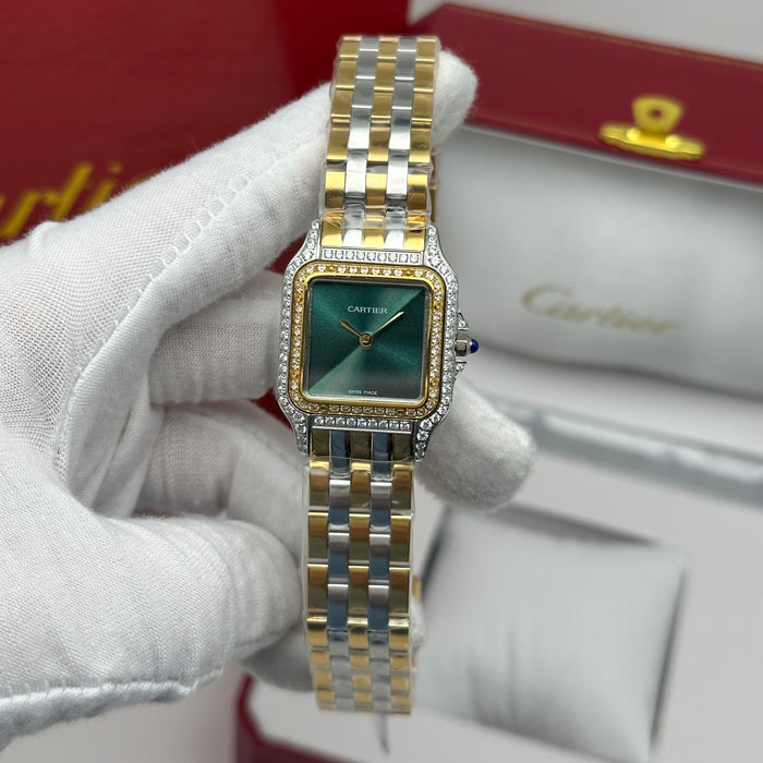 Cartier Santos Style Diamond Watch 27MM – Green Dial Two-Tone Bracelet
