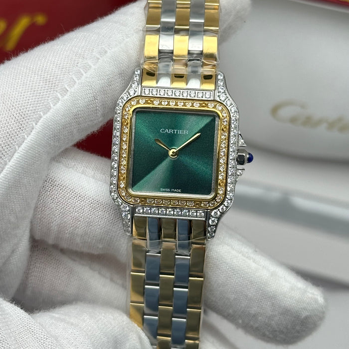 Cartier Santos Style Diamond Watch 27MM – Green Dial Two-Tone Bracelet