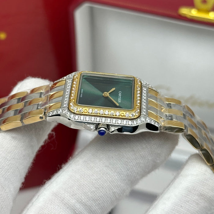 Cartier Santos Style Diamond Watch 27MM – Green Dial Two-Tone Bracelet