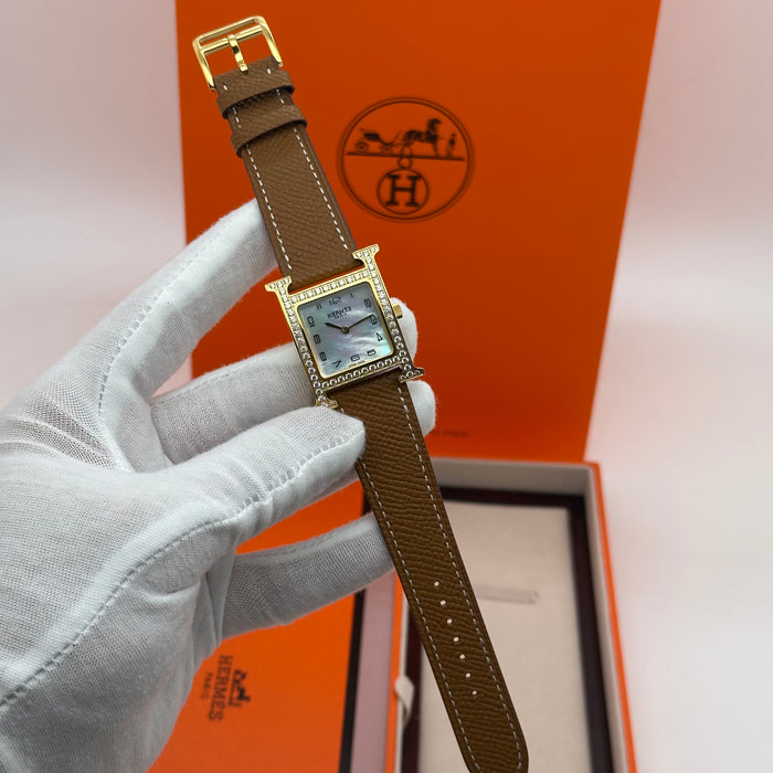 Hermes Heure H Gold Stress With Tan Leather Strap Watch